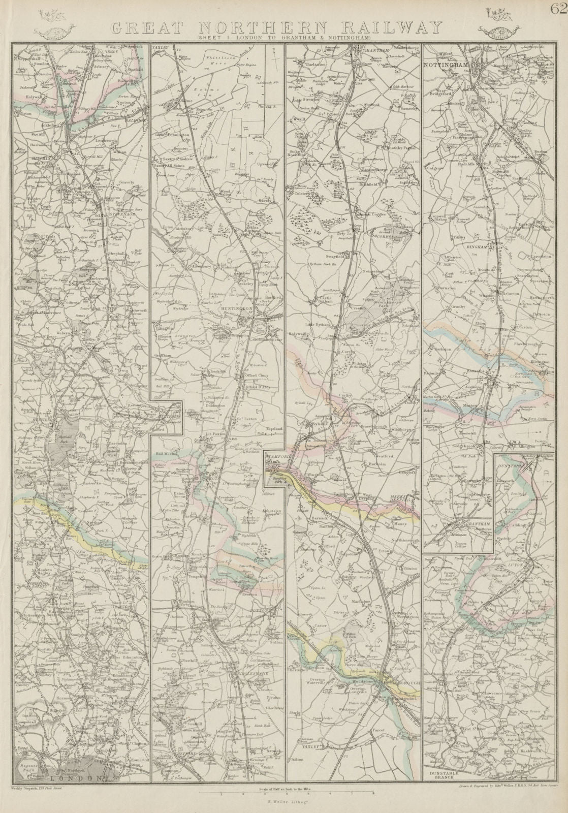 GREAT WESTERN RAILWAY 1. London to Windsor, Reading & Oxford. WELLER 1862 map